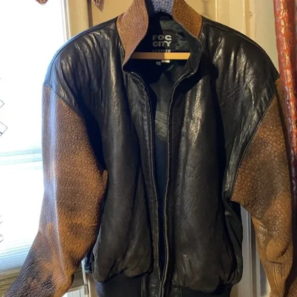 Vintage 80's Fog City Leather Two Tone Black/Brown Bomber Jacket -Large - Picture 3 of 14